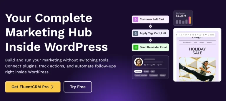 FluentCRM marketing hub inside WordPress with UI elements and buttons.