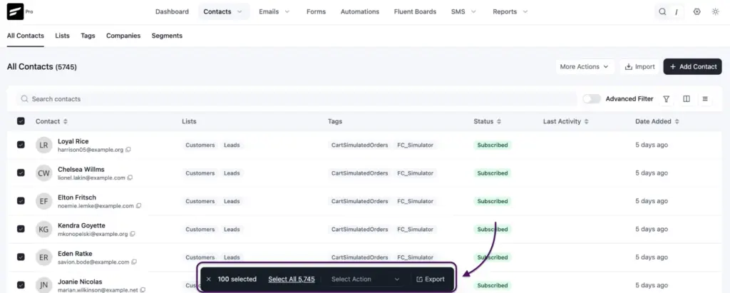 CRM dashboard showing contacts list with selection and export options.