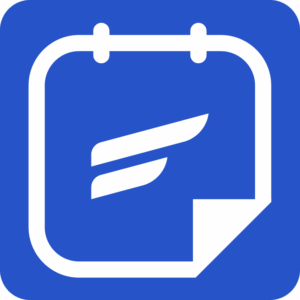 White calendar icon with wing-like logo on blue background.