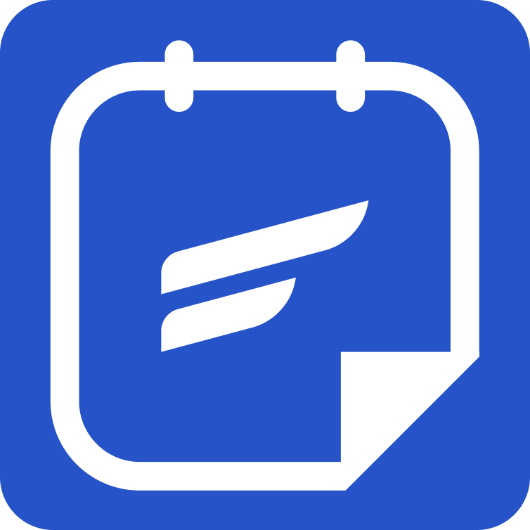 White calendar icon with wing-like logo on blue background.