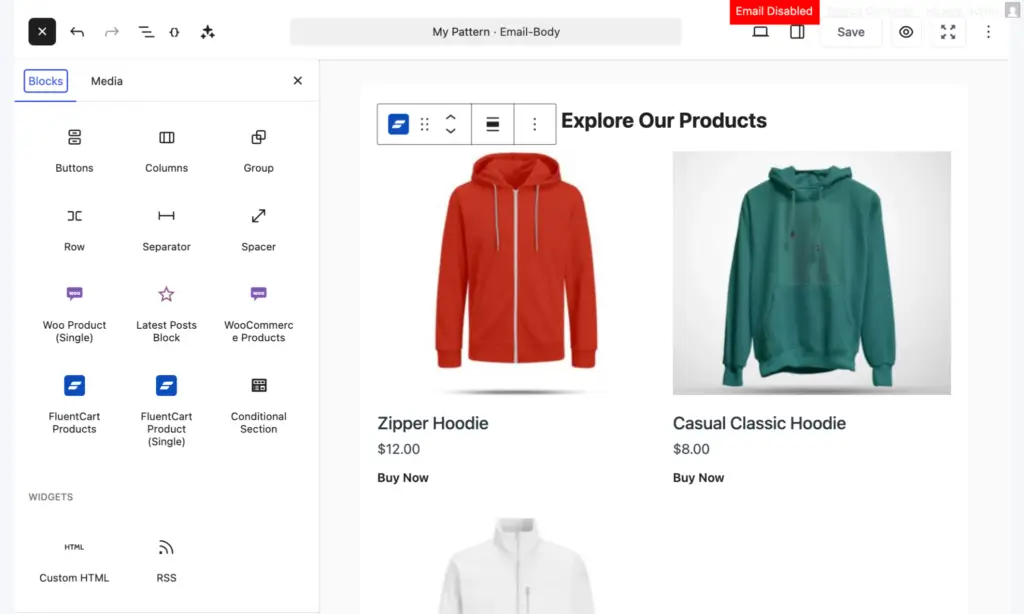 Content editor displaying product blocks for hoodies.