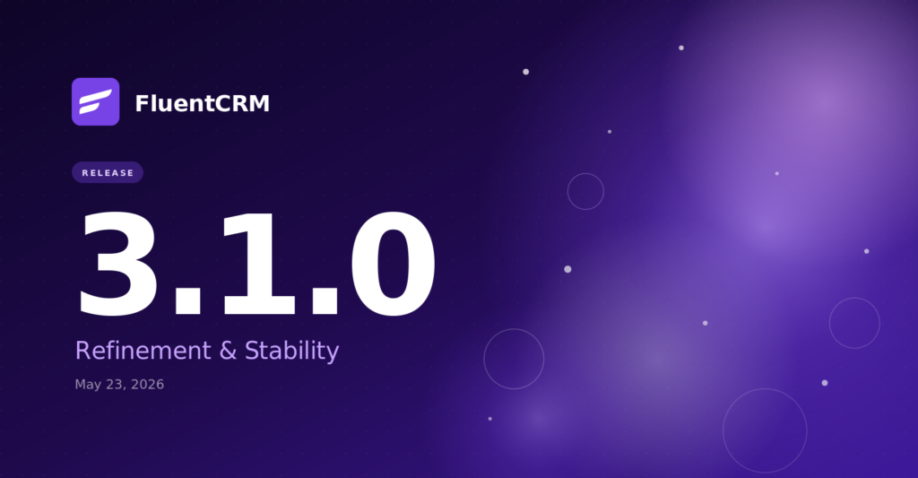 FluentCRM version 3.1.0 release announcement on purple background.