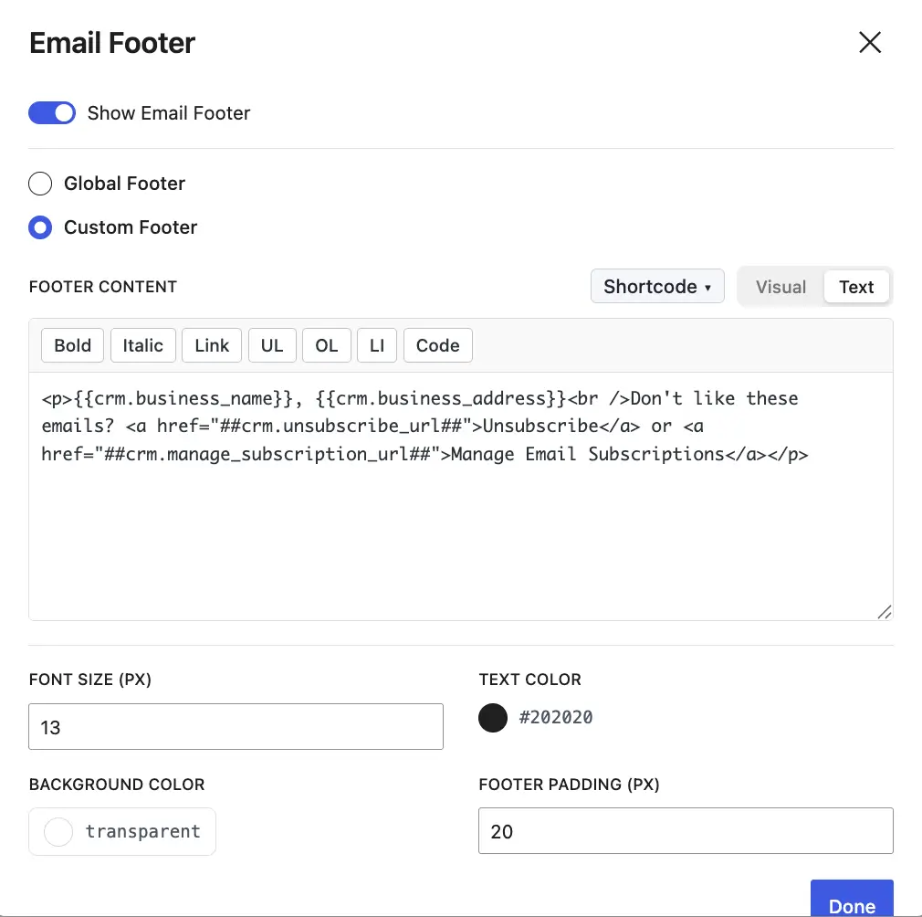 Email footer settings interface with custom HTML editor and styles.