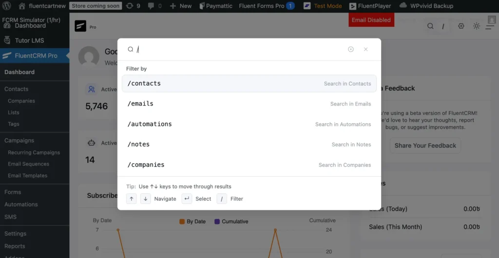 FluentCRM Pro dashboard with active search filter options.