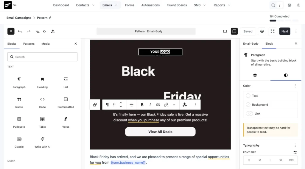 Email marketing builder editing a Black Friday campaign.