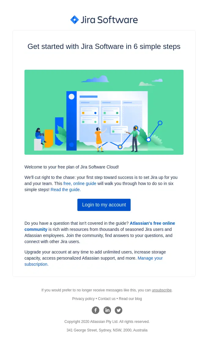 Jira Software welcome email with a startup guide illustration.