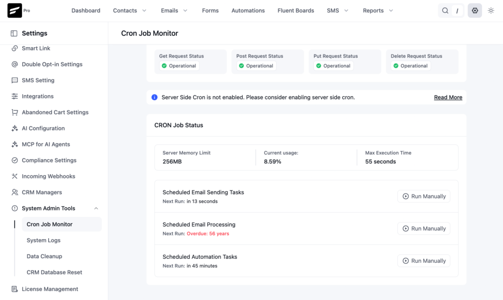 Dashboard interface showing Cron Job Monitor status and tasks.