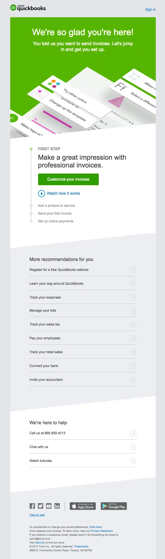 QuickBooks welcome screen featuring invoice customization and business resources.
