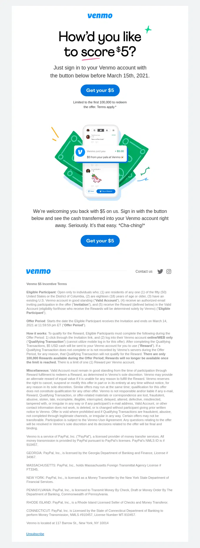 Venmo email advertisement offering a five dollar sign-in incentive.