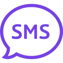 Purple SMS speech bubble icon.
