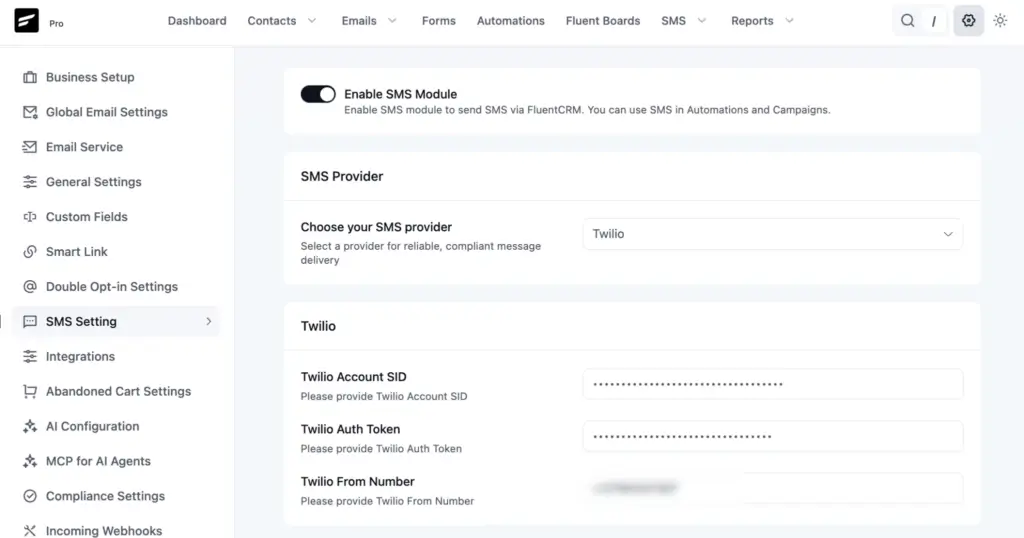 FluentCRM SMS settings page with Twilio integration details.