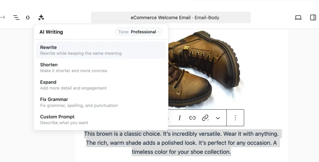 AI writing menu over an email about brown boots.