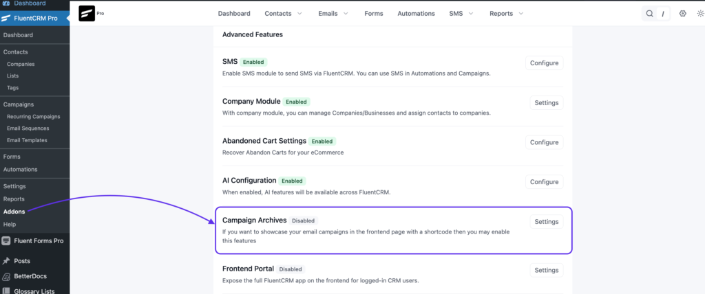FluentCRM Pro Addons page highlighting the Campaign Archives feature.