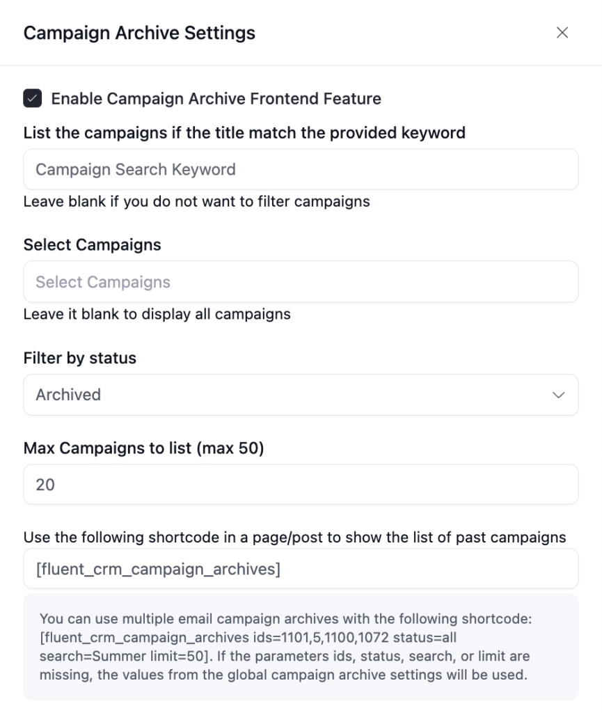 Campaign Archive Settings interface with configuration options.