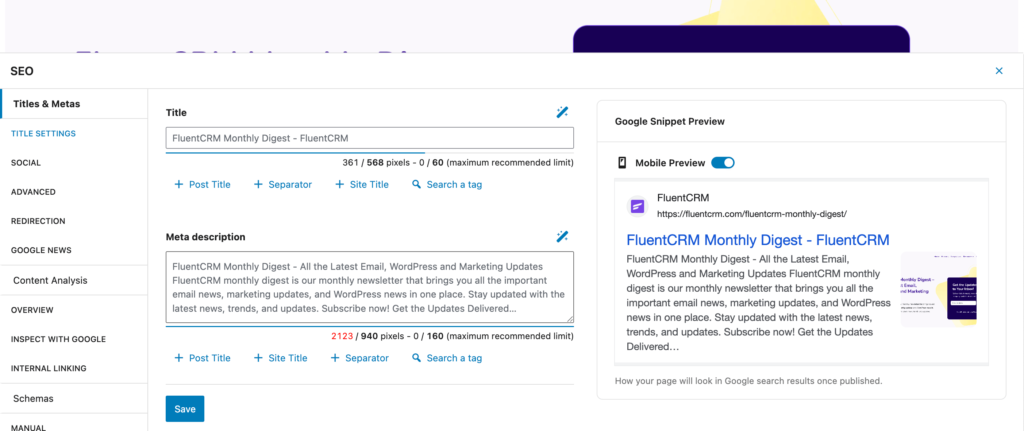 SEO plugin dashboard showing meta title and description editing.