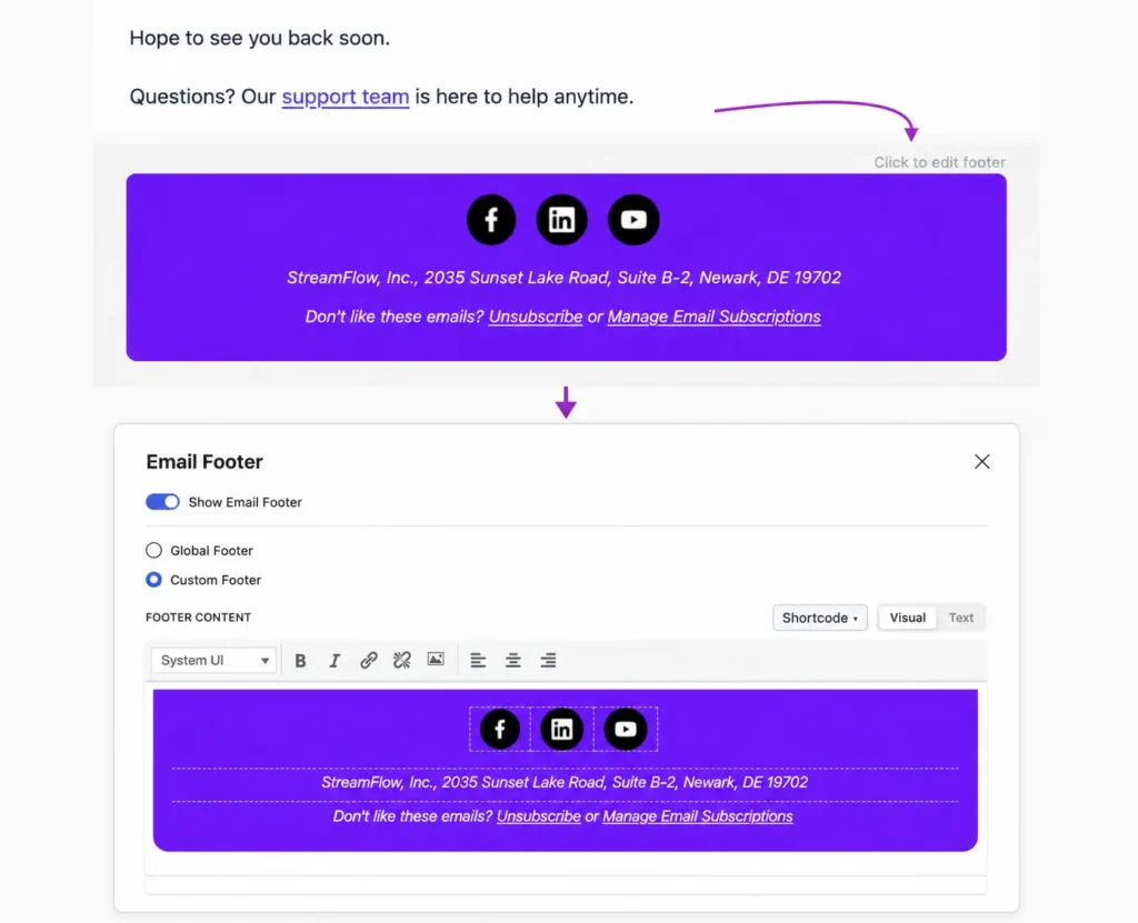 Email footer editing