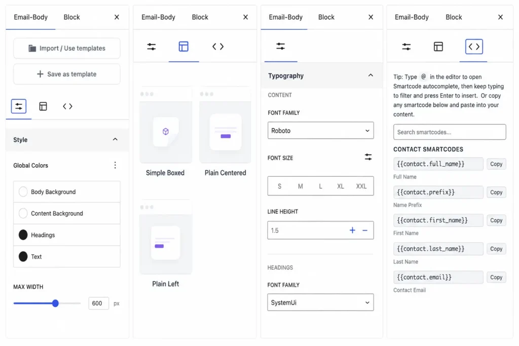 Four panels showing email editor customization and smartcode options.