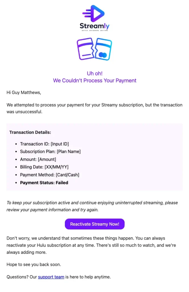An email notification for a failed Streamly subscription payment.