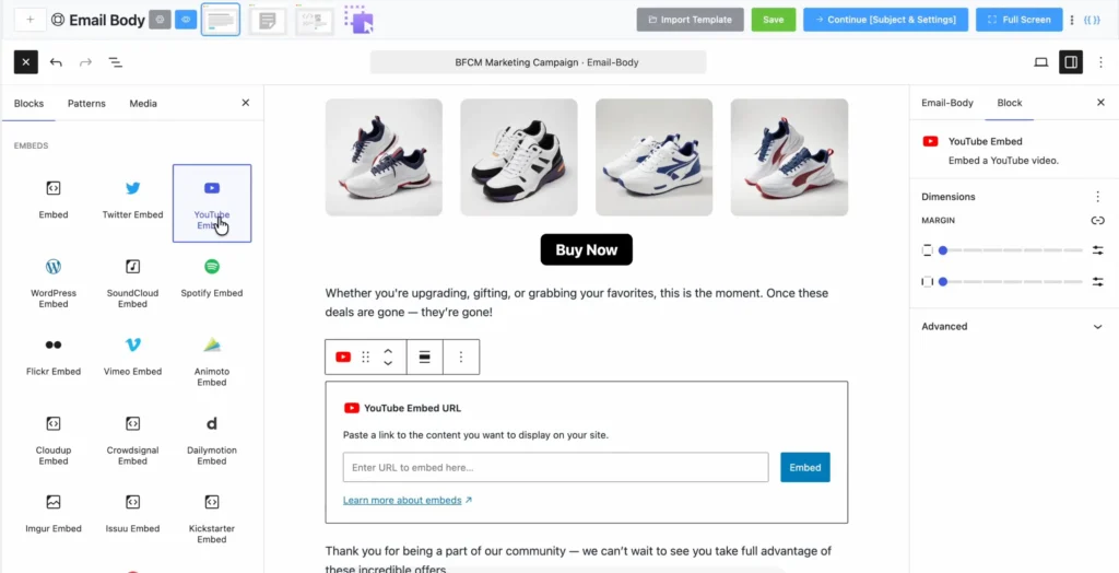 Interface of an email editor with a YouTube embed block.