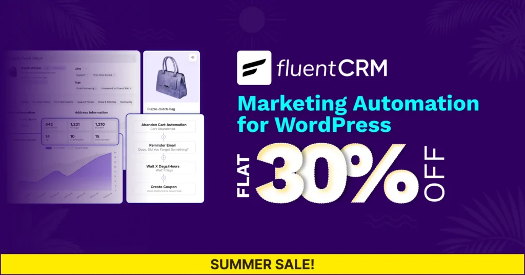 FluentCRM Summer Sale banner with 30% off marketing automation.