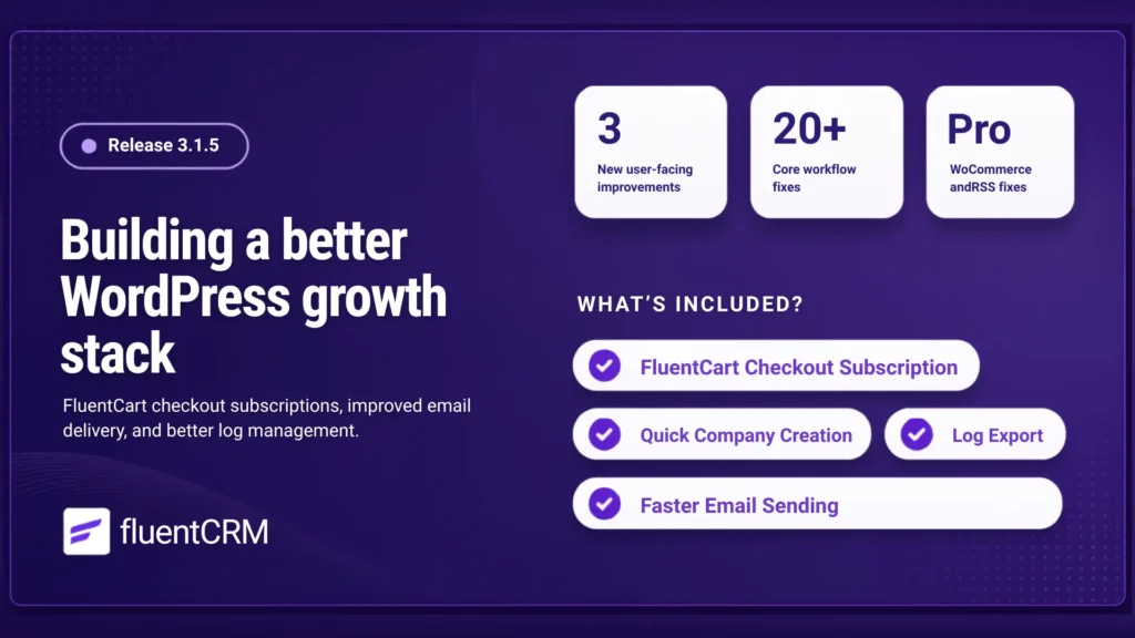 FluentCRM Release 3.1.5 banner for WordPress growth stack.