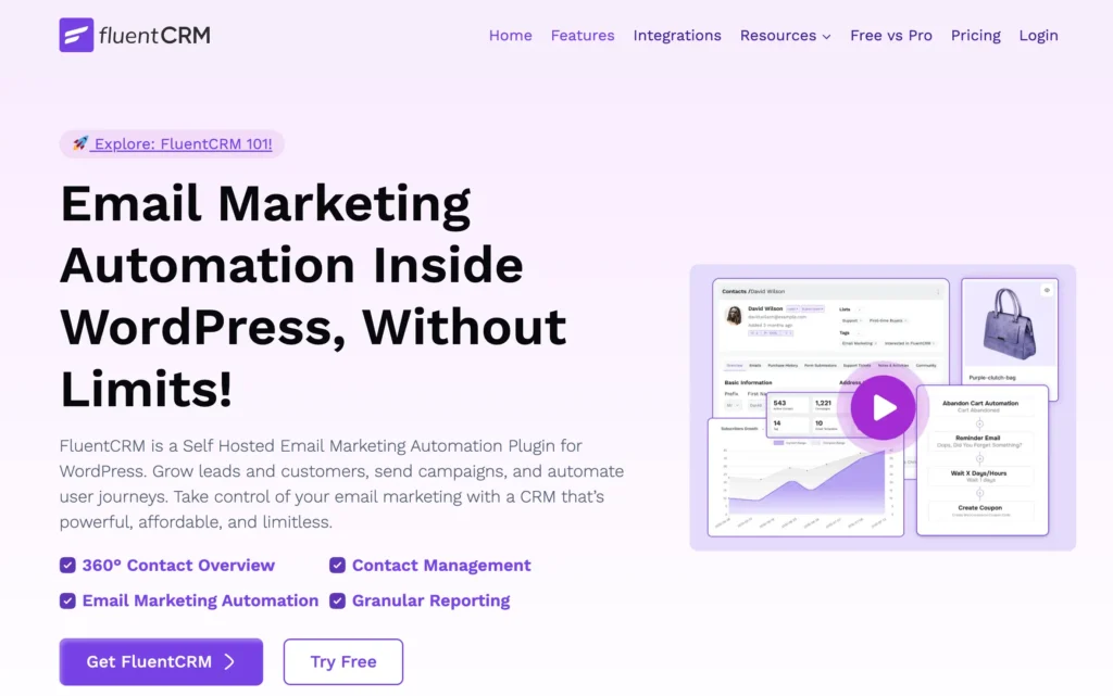 FluentCRM landing page for WordPress email marketing automation.