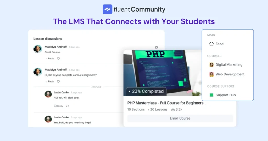 FluentCommunity LMS interface showing lesson discussions and course details.