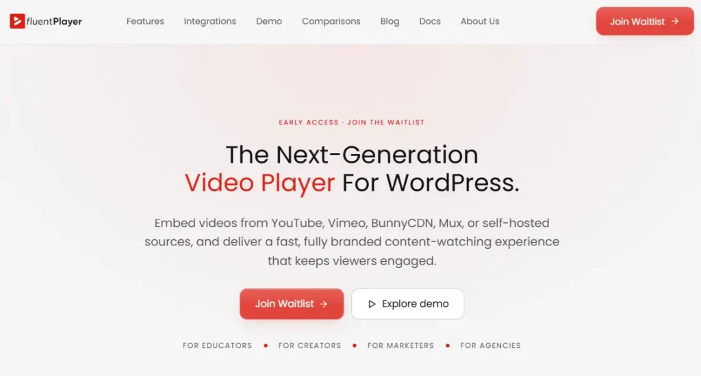 FluentPlayer landing page for WordPress video player plugin.