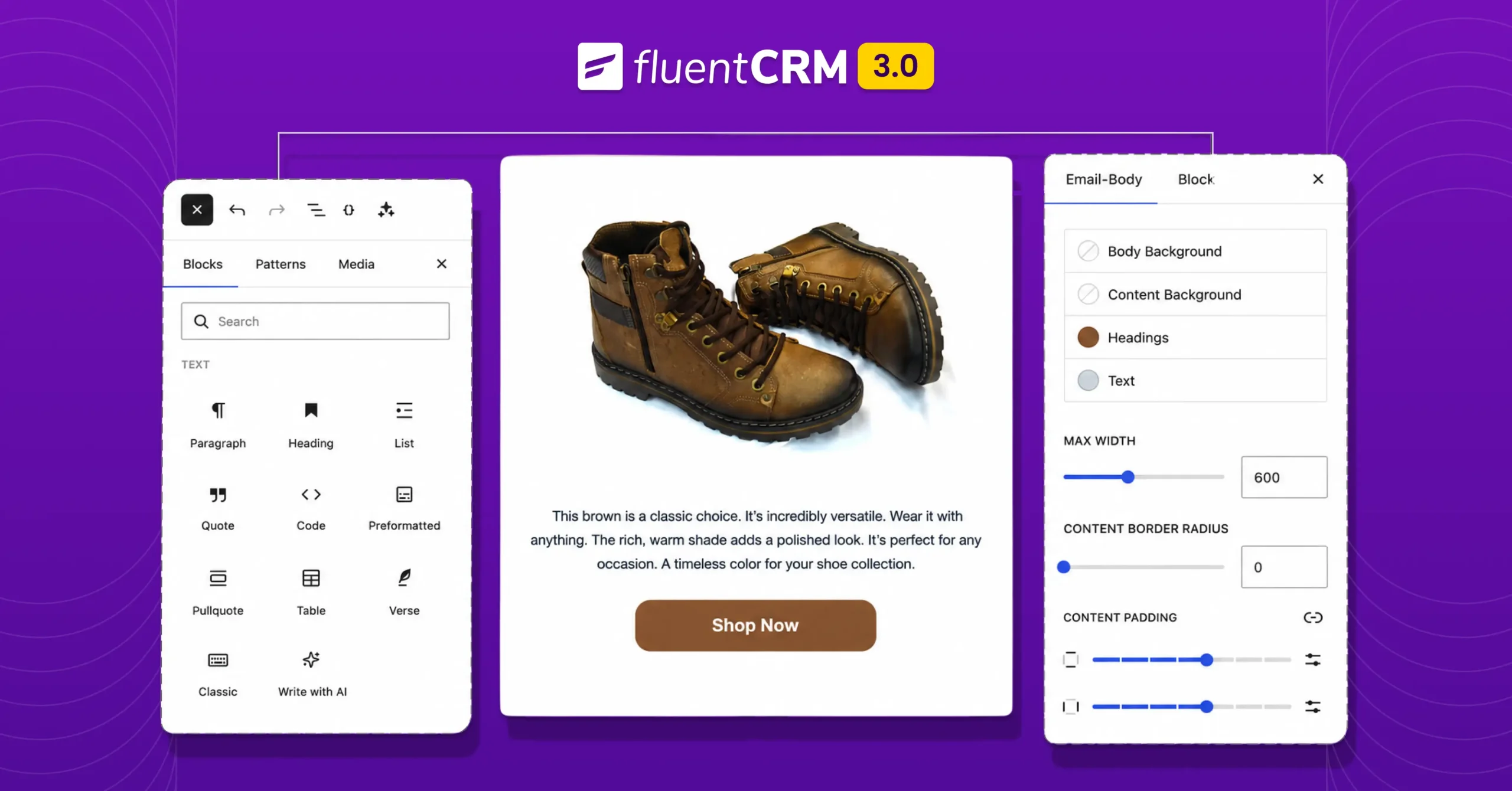 Screenshot of FluentCRM 3.0's drag-and-drop email editor interface.