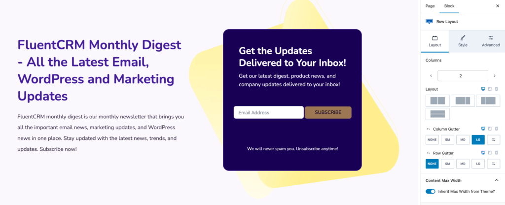 Newsletter subscription form layout within a website block editor.