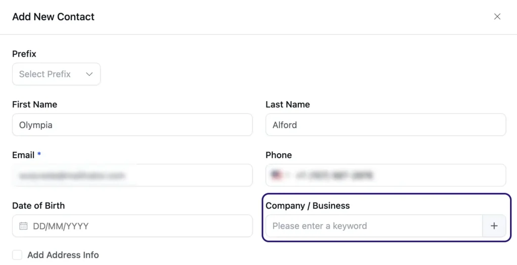 Web form titled Add New Contact with several input fields.