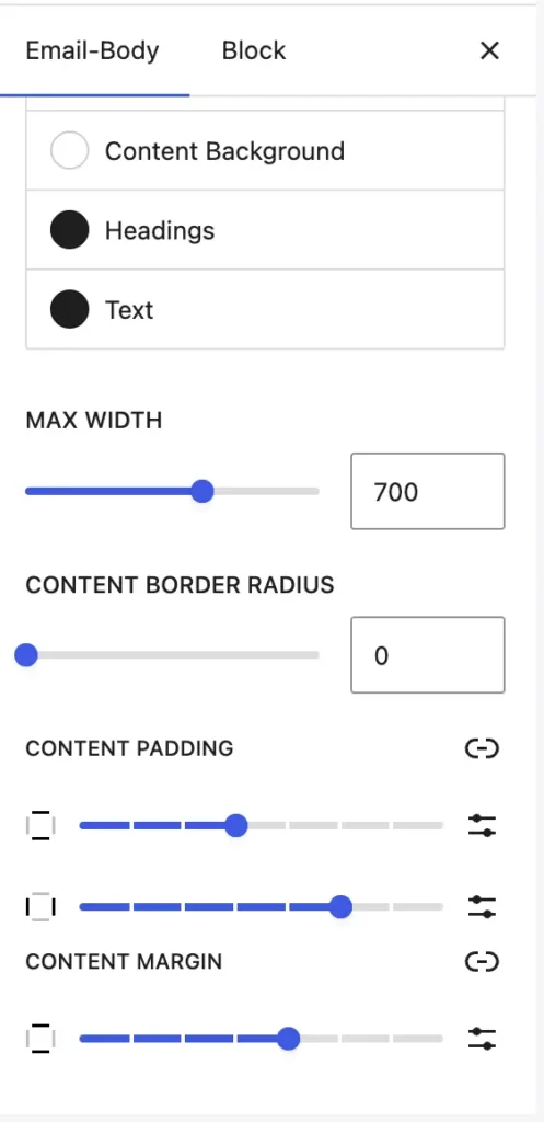 Screenshot of an email body design settings panel.
