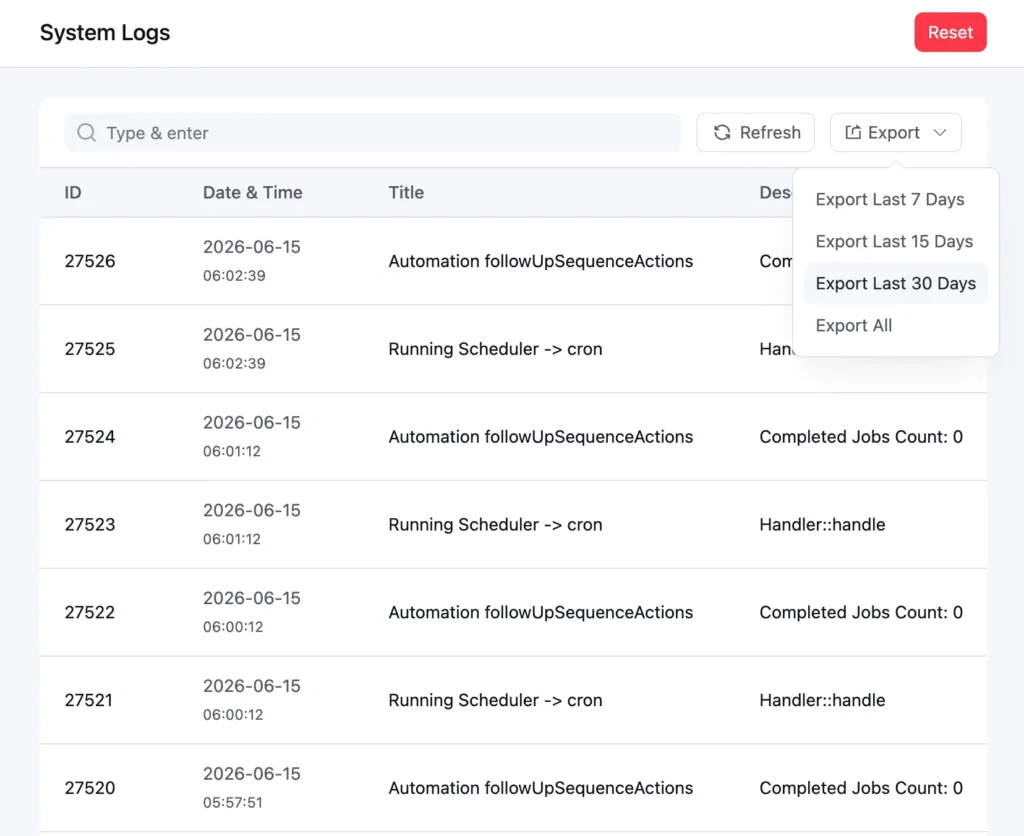 System logs dashboard with export dropdown menu and search bar.