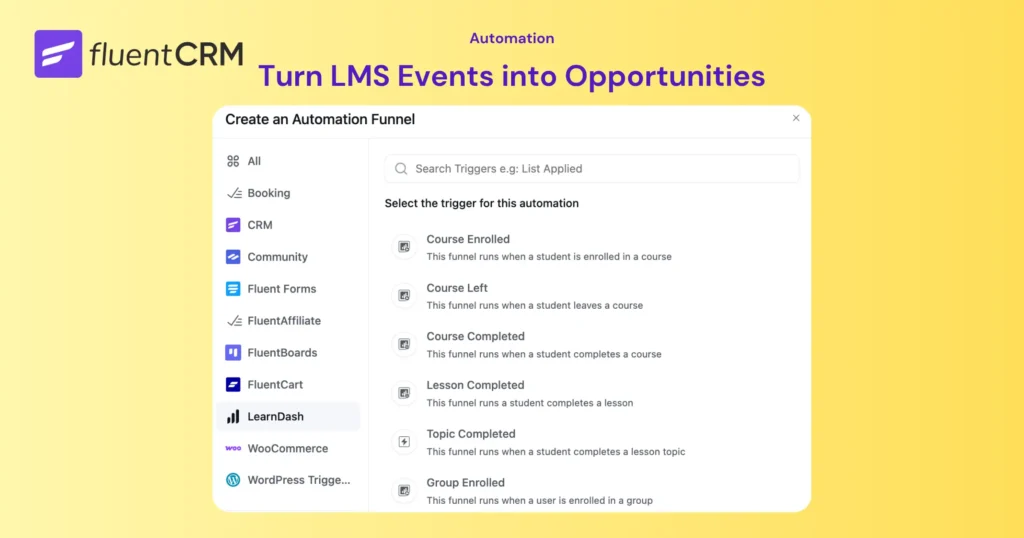 FluentCRM automation funnel interface showing LearnDash LMS trigger options.