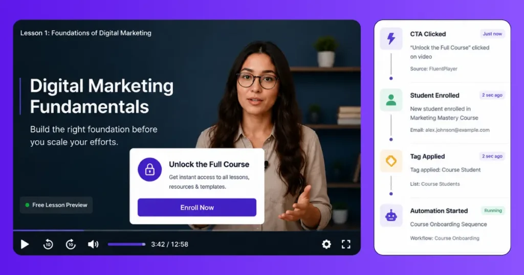 Online course video player with real-time student enrollment notifications.