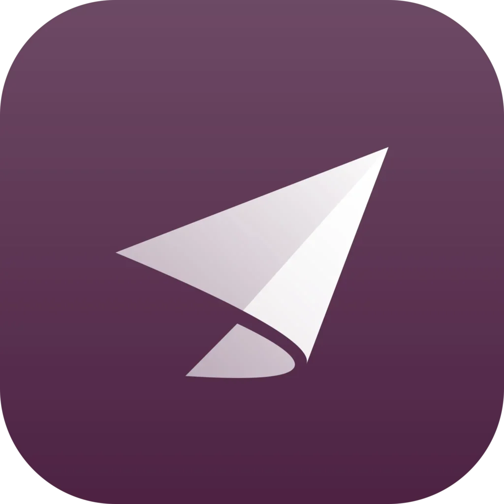 White stylized paper plane logo on a dark purple background.
