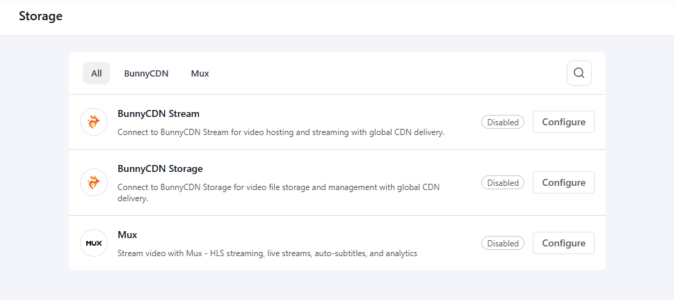 Storage settings interface with BunnyCDN and Mux configuration options.