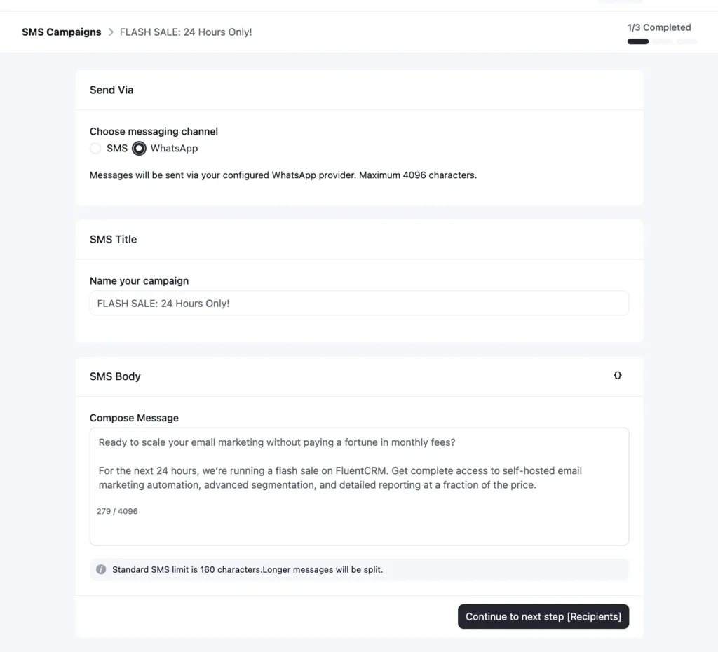 Interface for creating an SMS or WhatsApp marketing campaign.