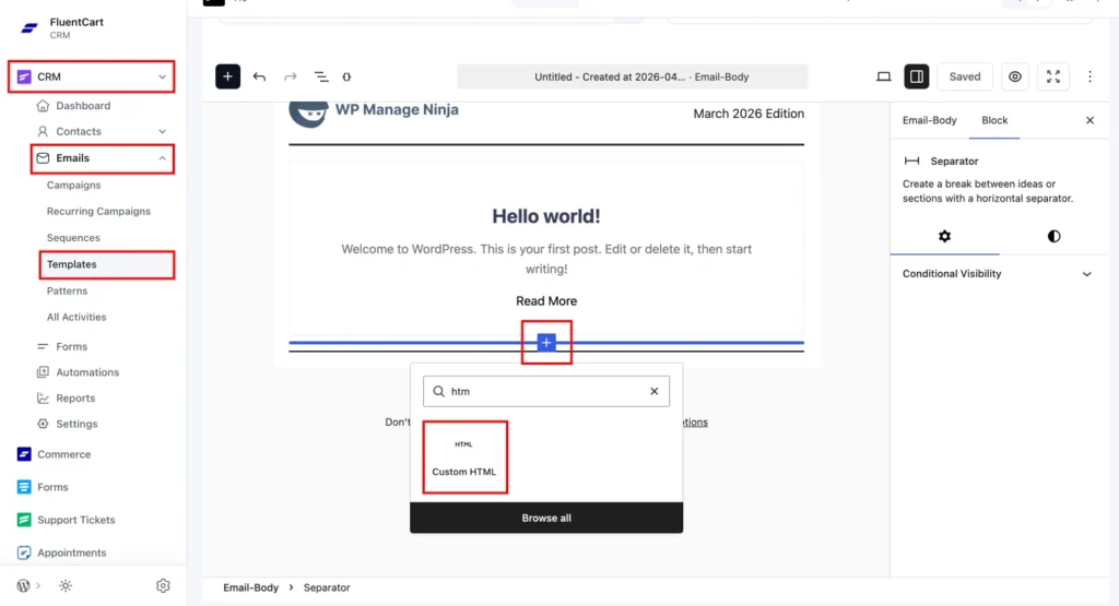 Image showing how to Add signature to Individual Email Templates (FluentCRM Email Builder)