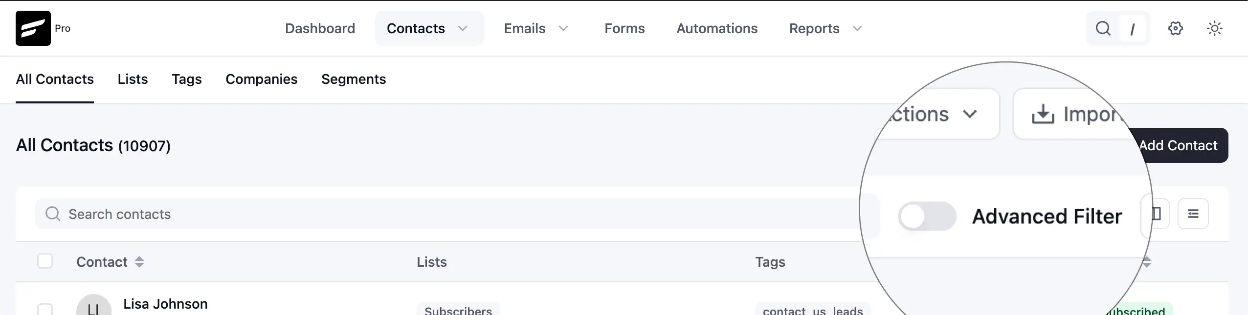 Screenshot of a CRM contact list with advanced filter highlighted.