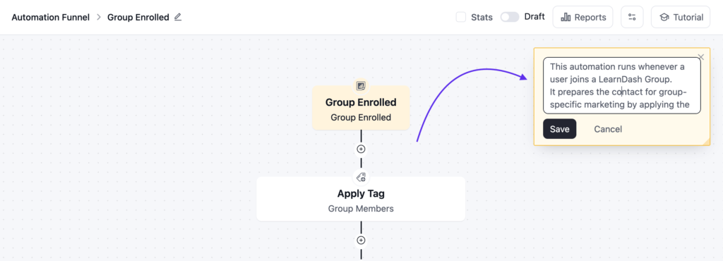 Automation workflow showing a Group Enrolled trigger and Apply Tag.