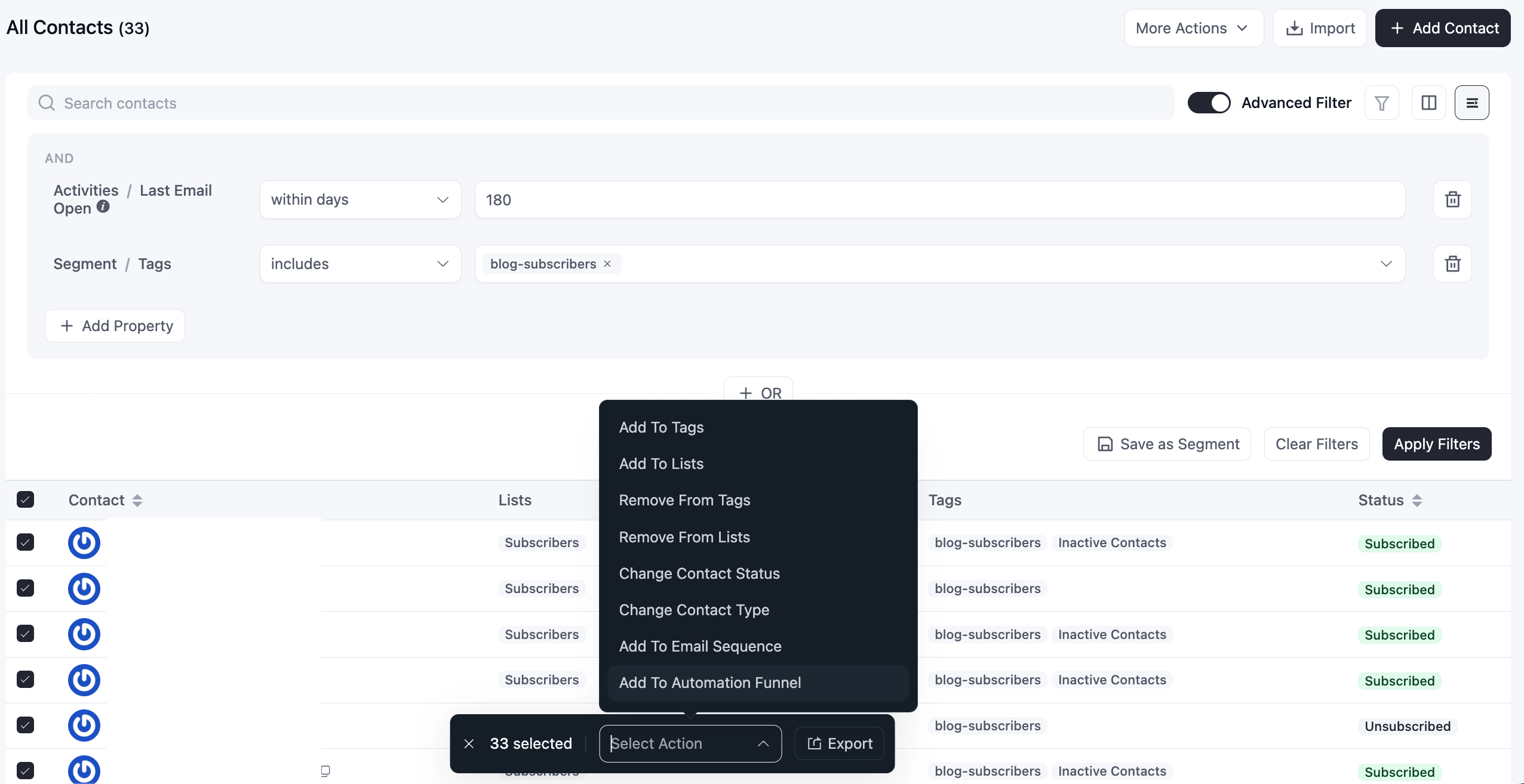 Contact management dashboard with advanced filters and bulk actions.