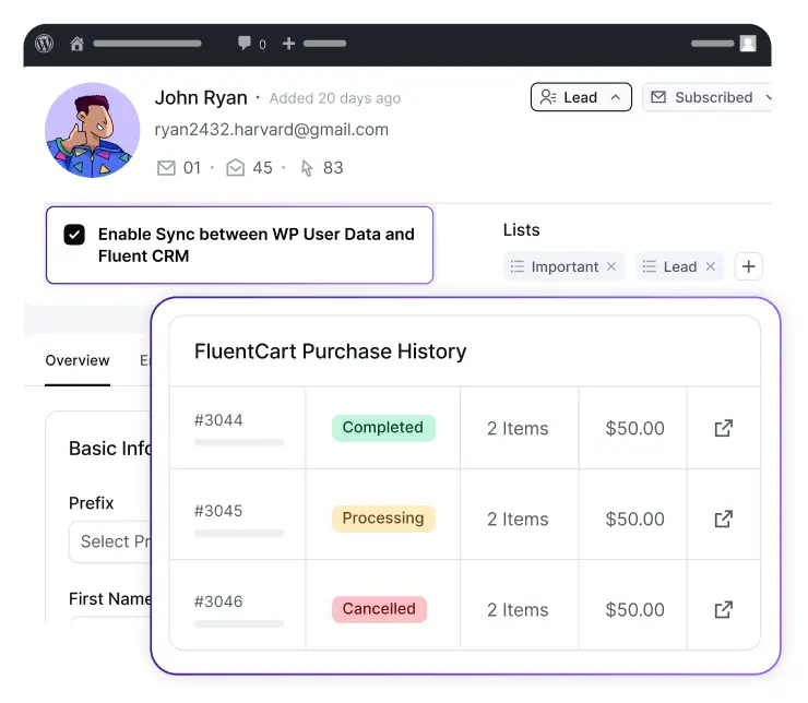 CRM dashboard interface showing user profile and purchase history.