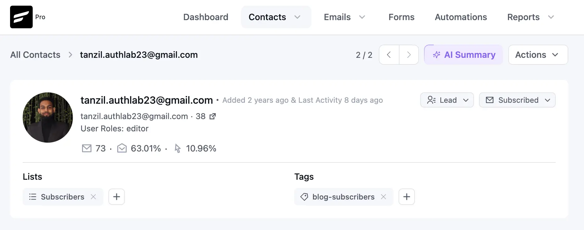 Contact profile dashboard showing subscriber details and engagement metrics.