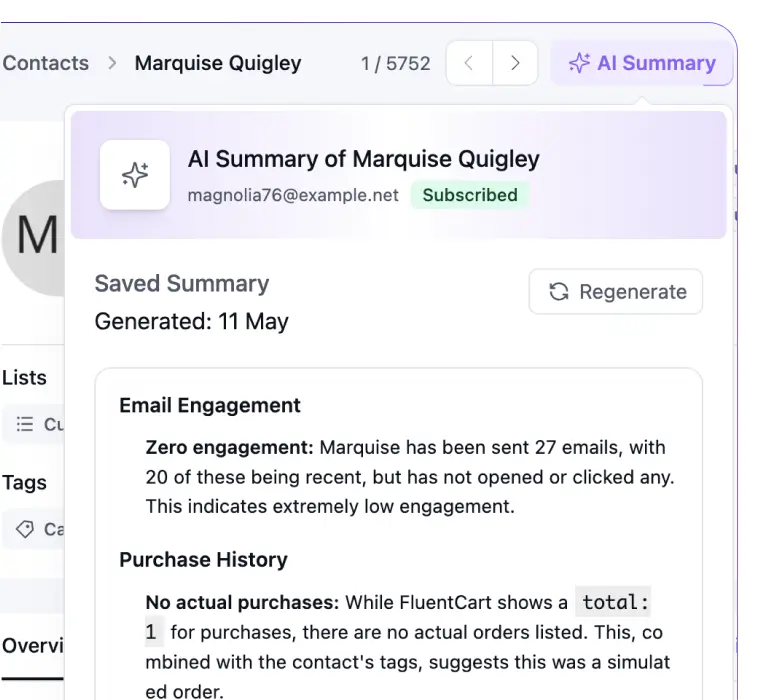 AI summary of a contact's engagement and purchase history.