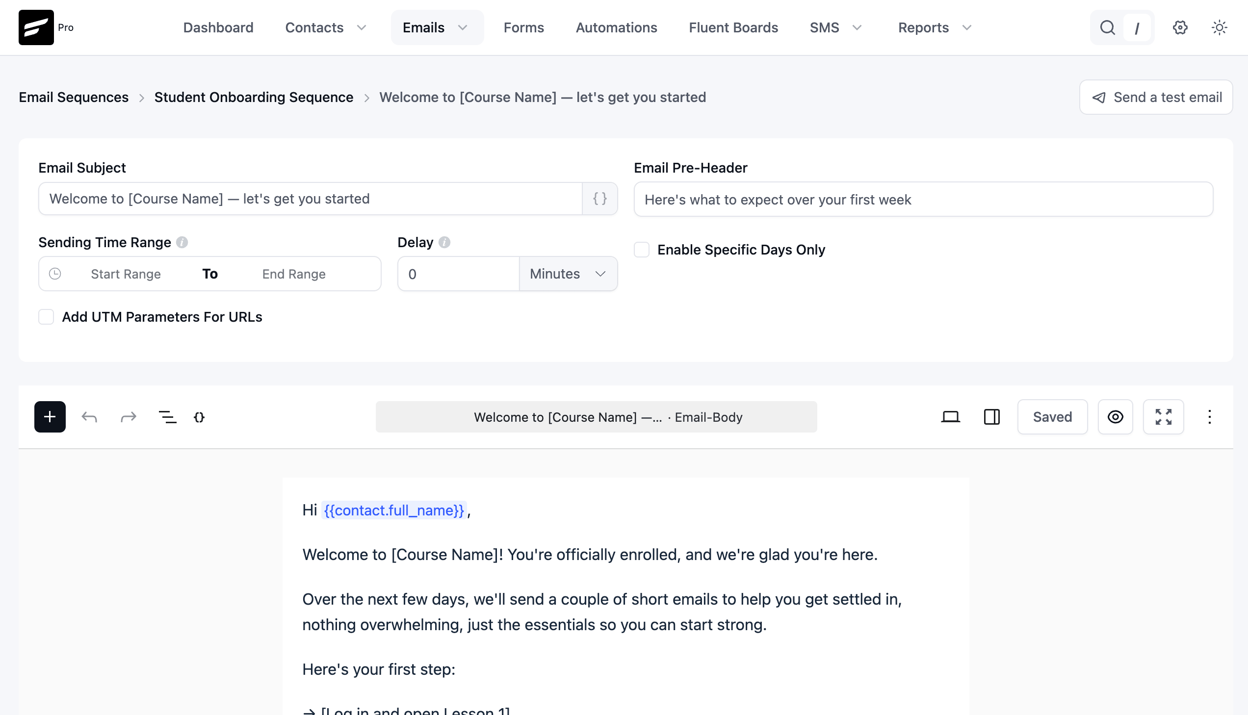 Dashboard showing an email sequence editor for student onboarding.