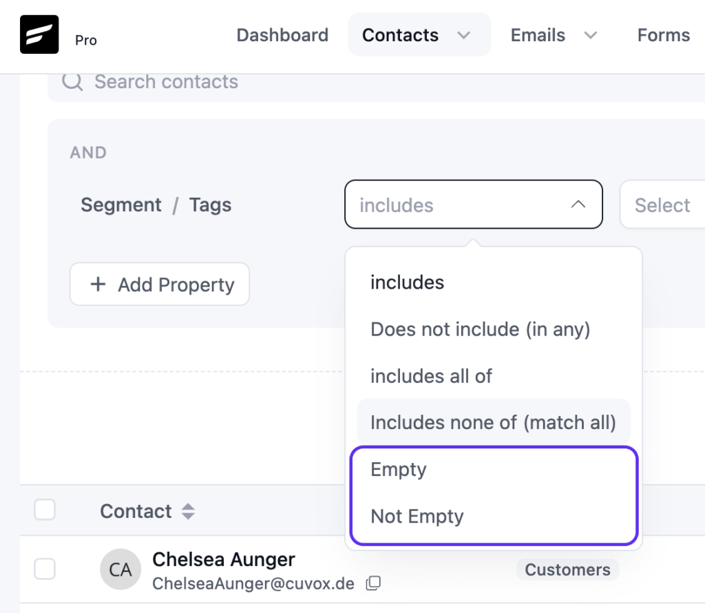 Software interface showing contact tag filter dropdown menu.