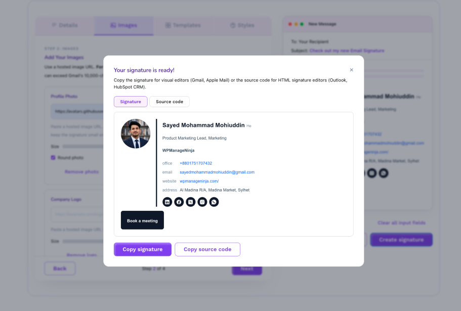Professional email signature preview in a web application modal.