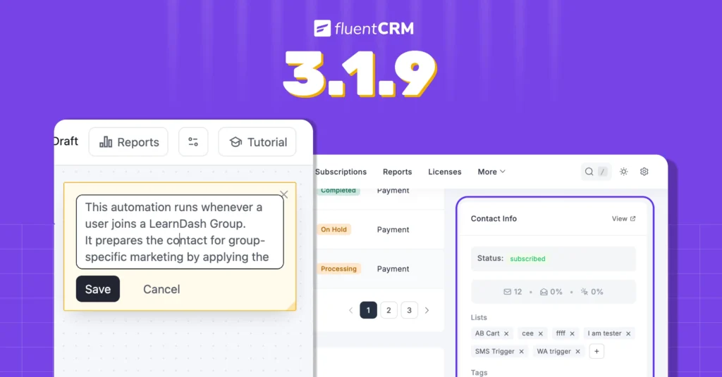 FluentCRM version 3.1.9 release announcement showing dashboard UI updates.