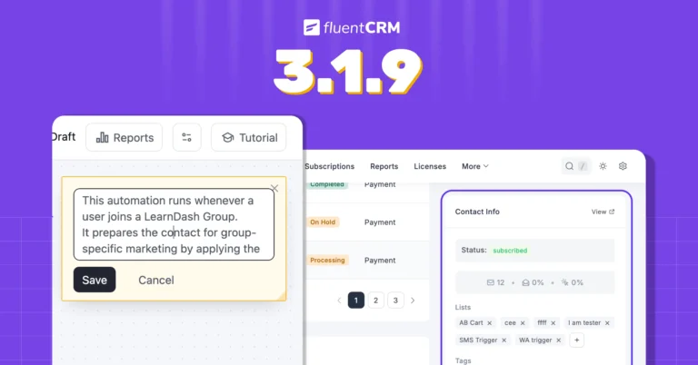 FluentCRM version 3.1.9 release announcement showing dashboard UI updates.